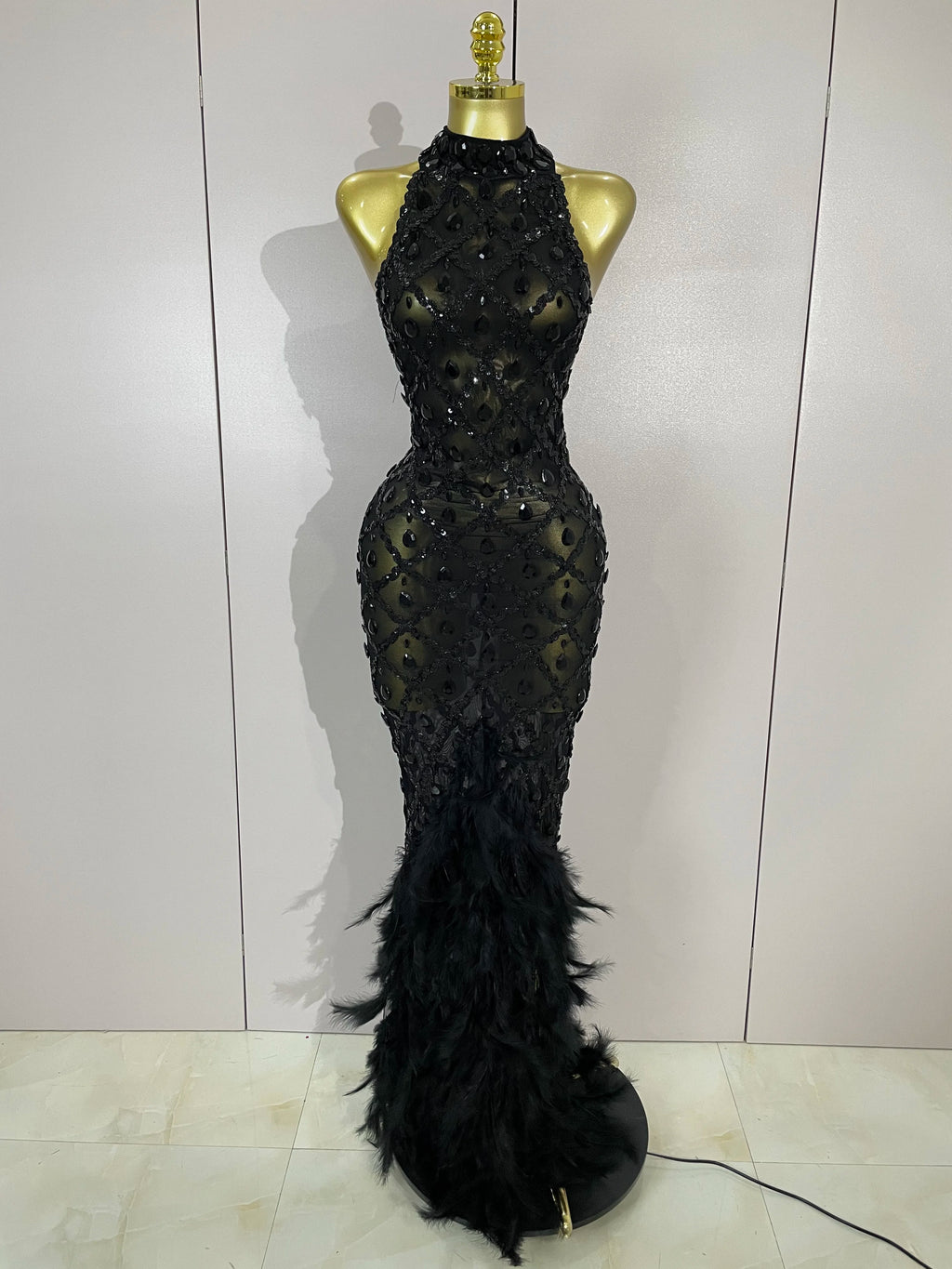Women's Sparkly Rhinestones Feather Mesh See Through Long Dress