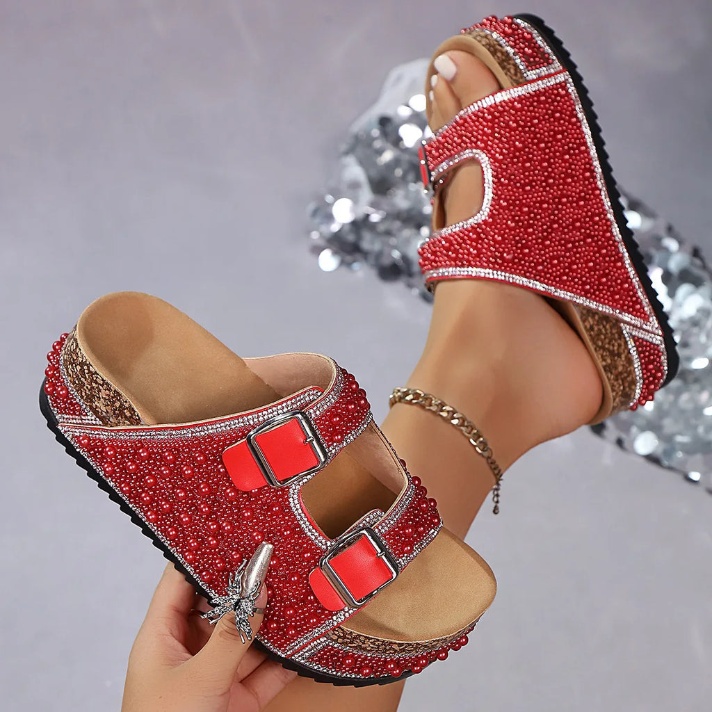 Women's Pearl Rhinestone Wedge Platform Sandals and Slides
