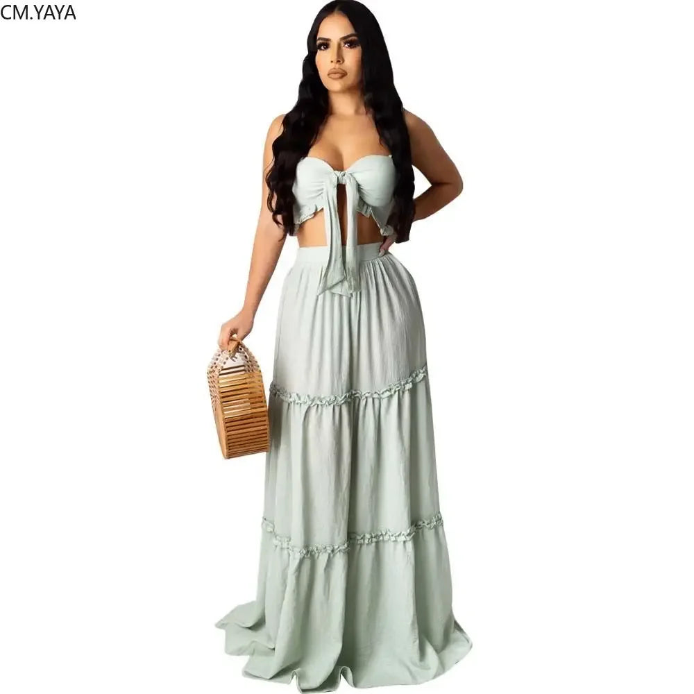 Women Strapless Crop Top and Ruffled Maxi Skirt Two-Piece Bohemian Set