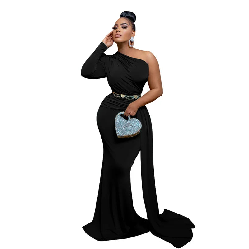 Women's One Shoulder Ruched Mermaid Maxi Evening Dress