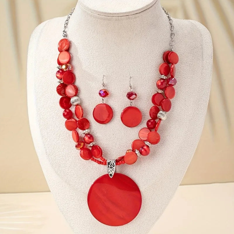 Women's Fashion Bohemian Ethnic Round Pendant Necklace and Earrings Set
