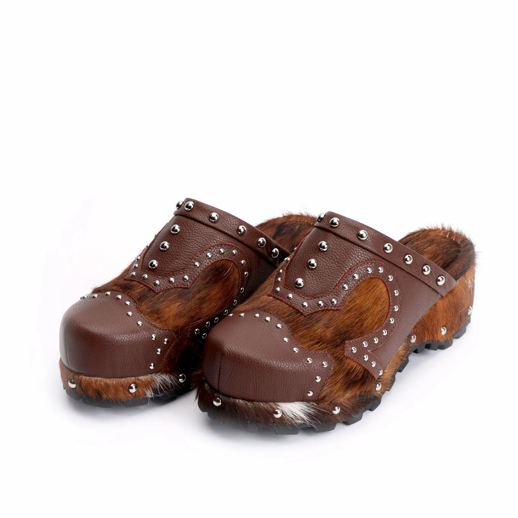 Women's Handmade Studded Fur Platform Clogs