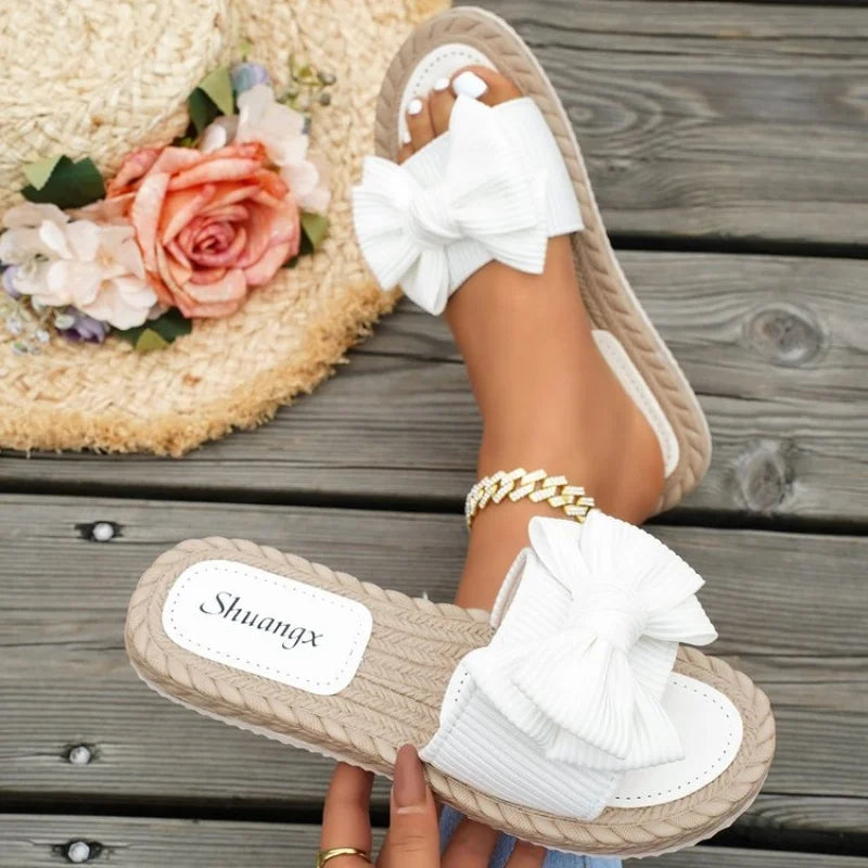 Women's Slip-On Flat Sandals with Bow Detail