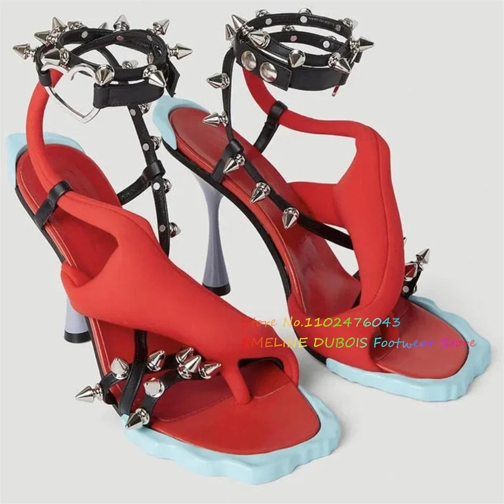Women's Multicolor Rivet Flower Square Toe High Heel Sandals