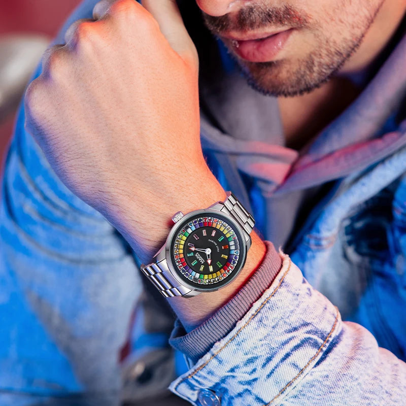 Men's Full Color Rotatable Dial Quartz Watch with Luminous Wheel