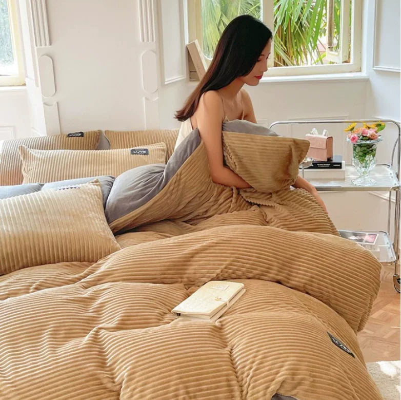 Warm Coral Fleece Duvet Cover and Plush Bedding Set