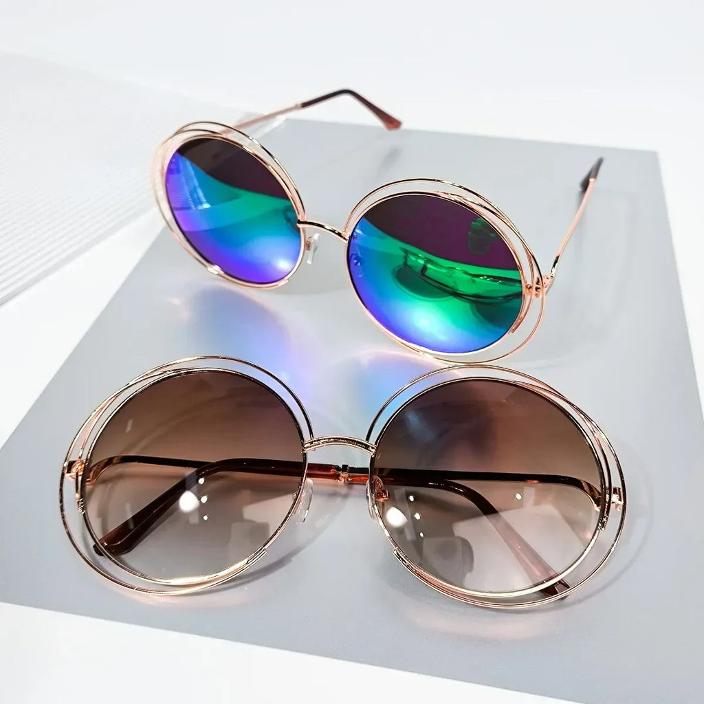 Women's Trendy Round Retro Gradient Metal Oversized Sunglasses