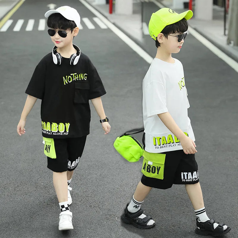 Boys Summer Letter Print Short Sleeve T-Shirt and Shorts Set