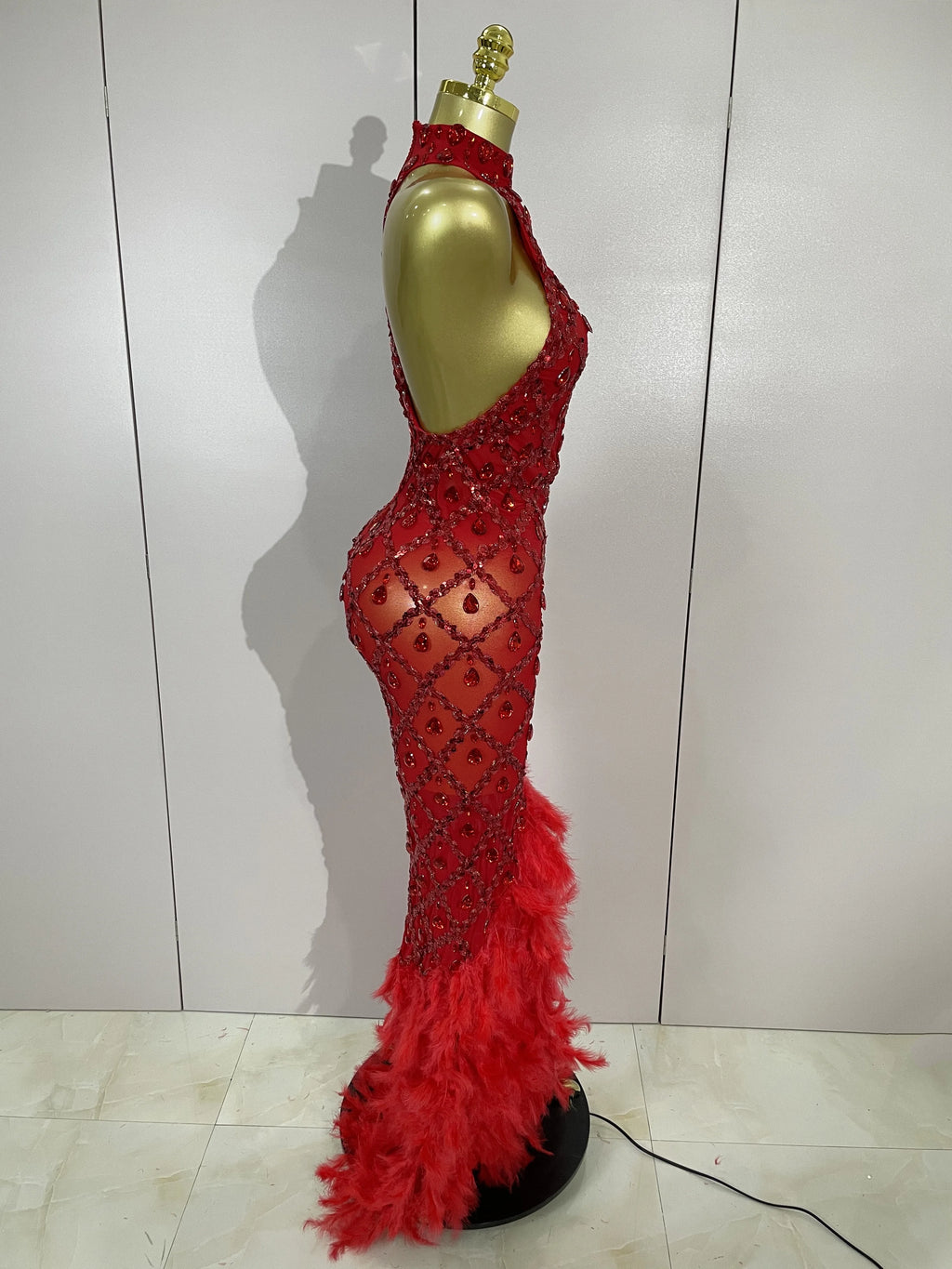 Women's Sparkly Rhinestones Feather Mesh See Through Long Dress