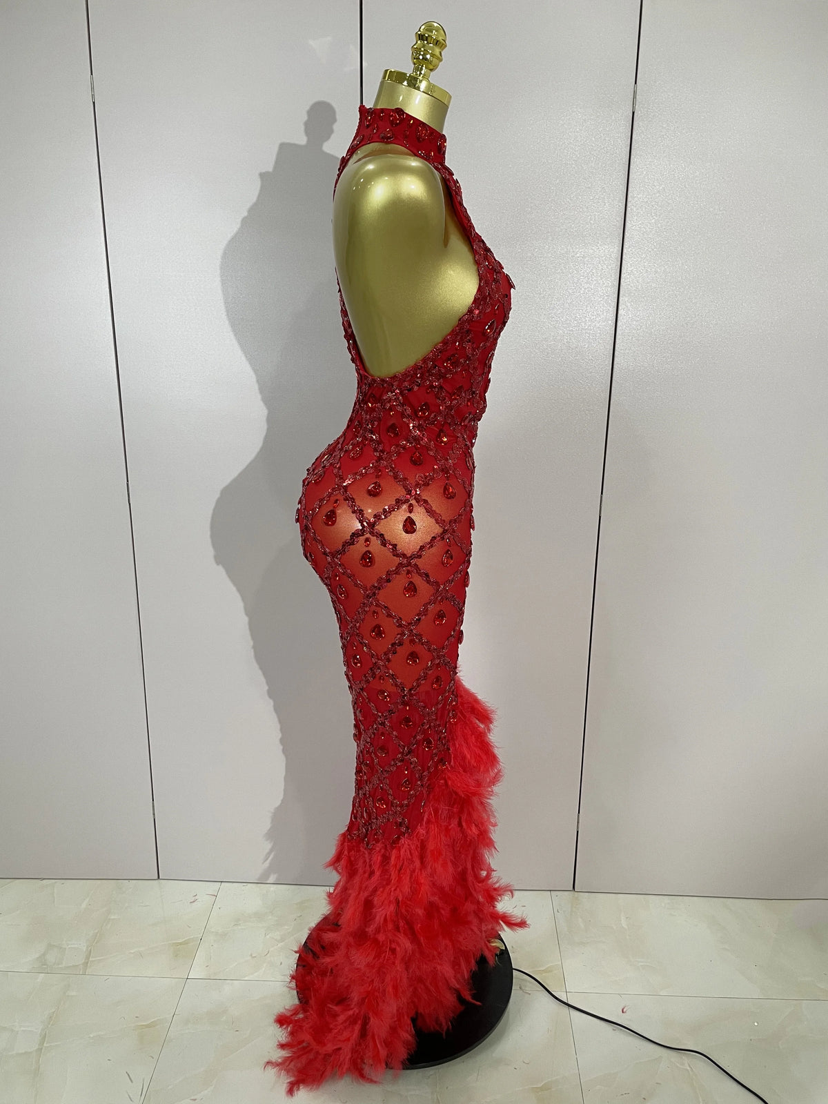 Women's Sparkly Rhinestones Feather Mesh See Through Long Dress