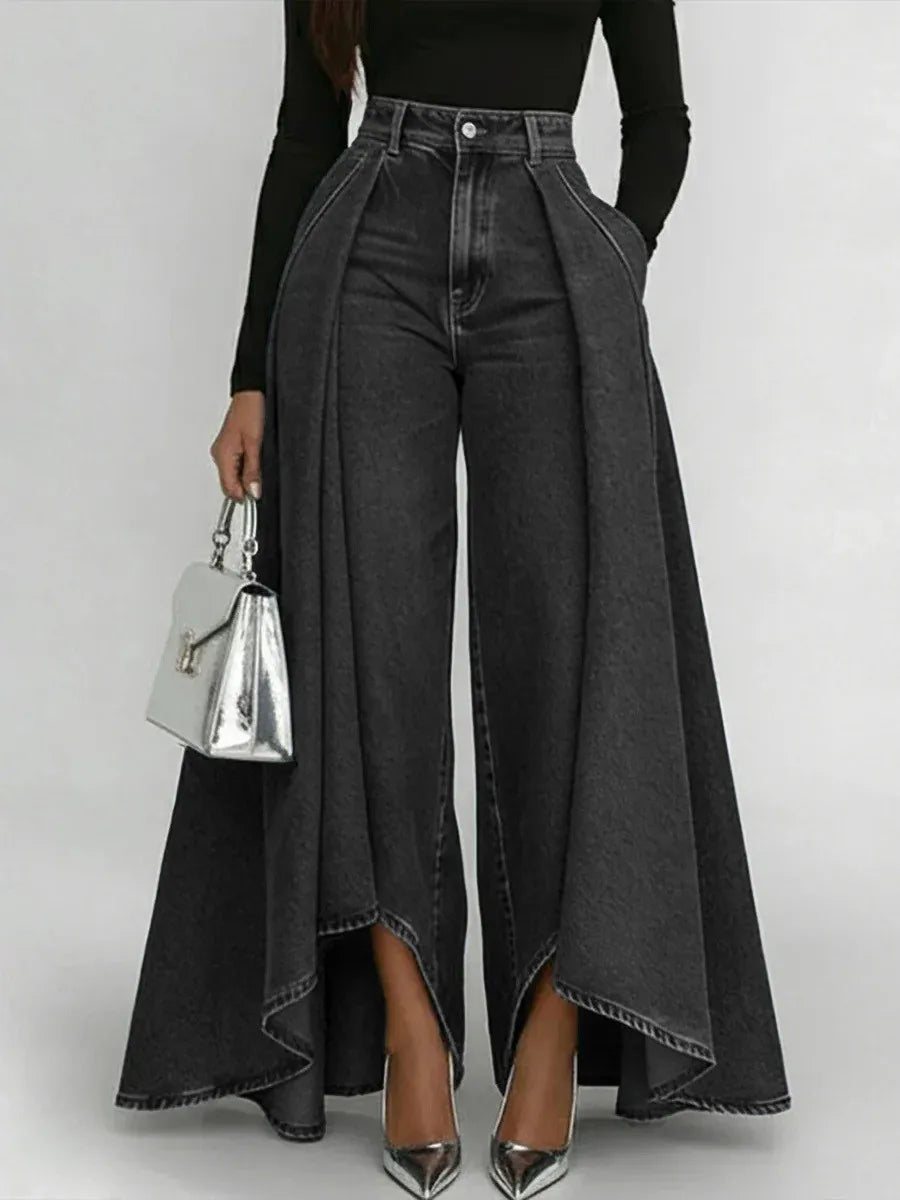 Women's Straight Leg Pants Casual Denim Print Mid-Waist Button