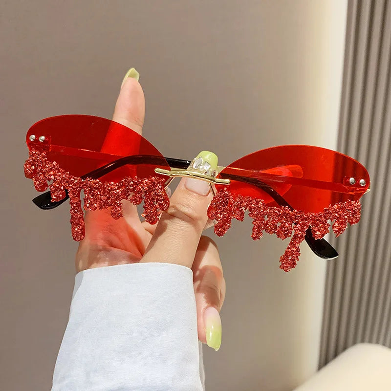 Rhinestone Rimless Sunglasses Women's Tear Drop Party Eyewear