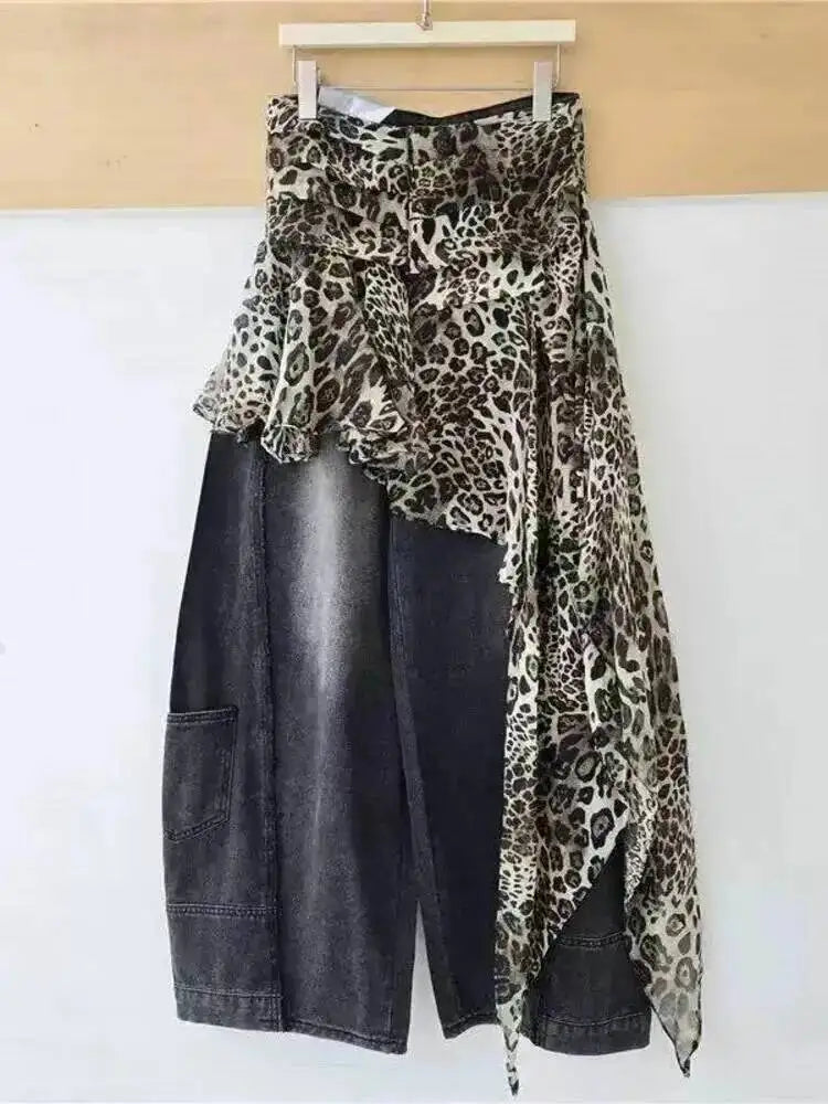 Women's Leopard Patchwork Baggy Loose Wide Leg Jeans