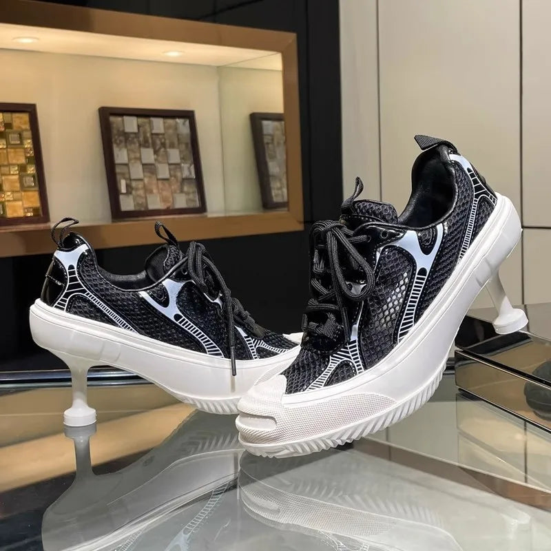 Women's Mesh Lace Up Pointed Toe Dad Sneaker High Heels