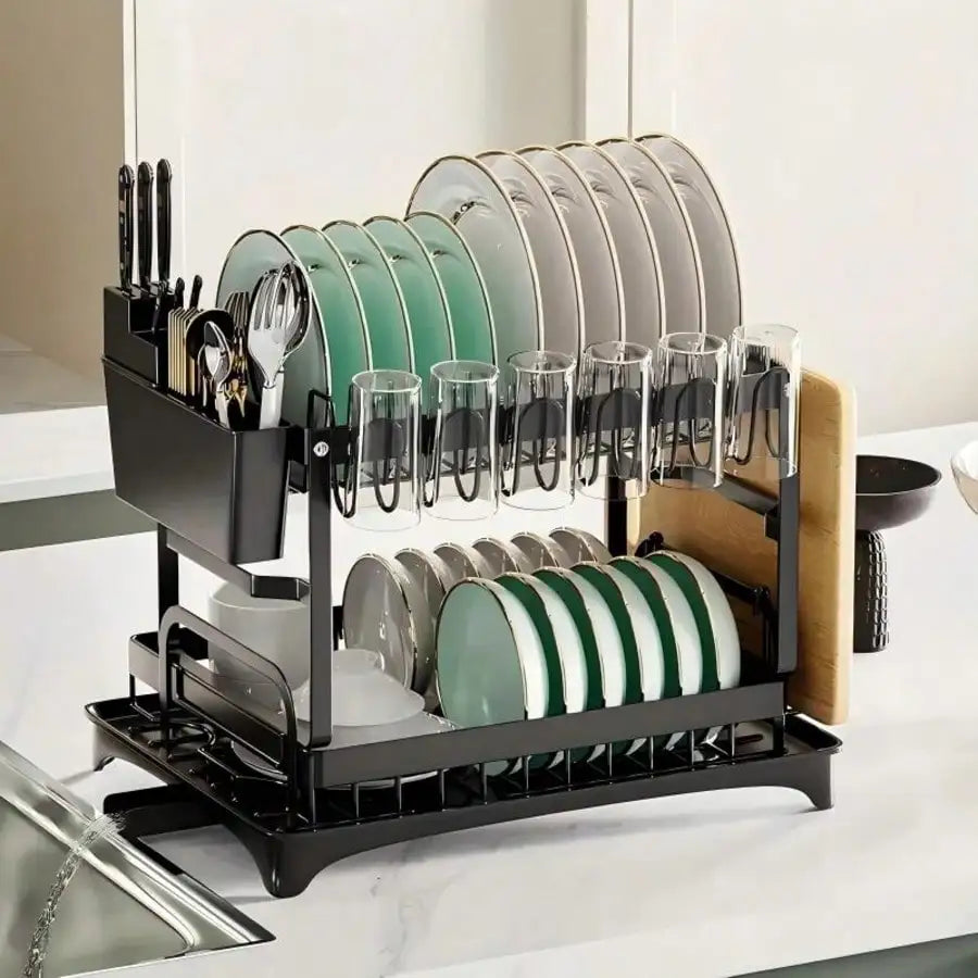 2 Tier Dish Drying Rack and Drainboard Set with Utensil Holder