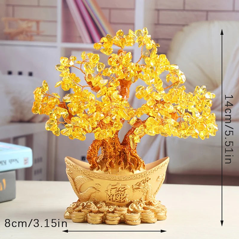 Chinese Gold Ingot Crystal Fortune Money Tree Figurine and Tabletop Ornament