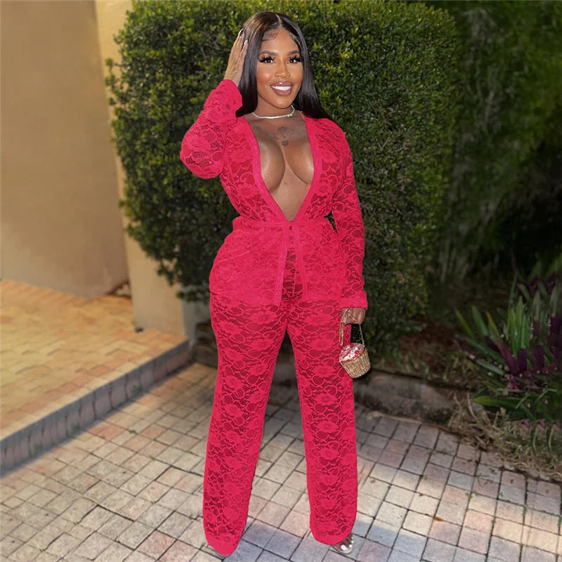 Women's Casual Sheer Lace Two Piece Matching Set