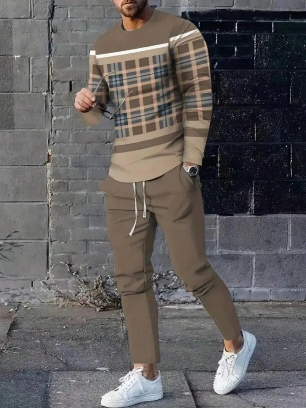 Men's Casual Striped Print Round Neck Shirt and Pants Set