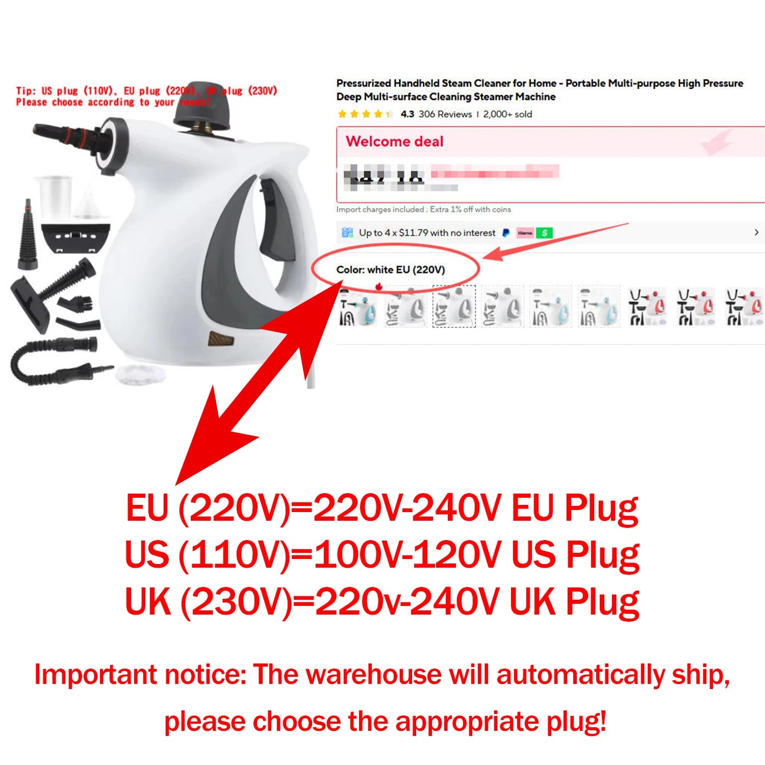 Portable Handheld High Pressure Steam Cleaner with Multi-Surface Accessories 1050W