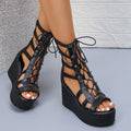 Women's Open-Toe Wedge Ankle Boots Summer Casual Elegant Black