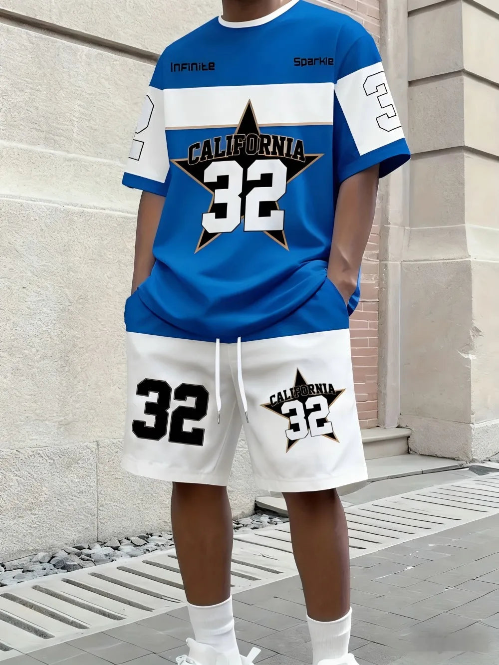 Men's Letter Stripe Print Round Neck T-Shirt and Drawstring Shorts Set