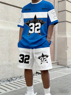 Men's Letter Stripe Print Round Neck T-Shirt and Drawstring Shorts Set