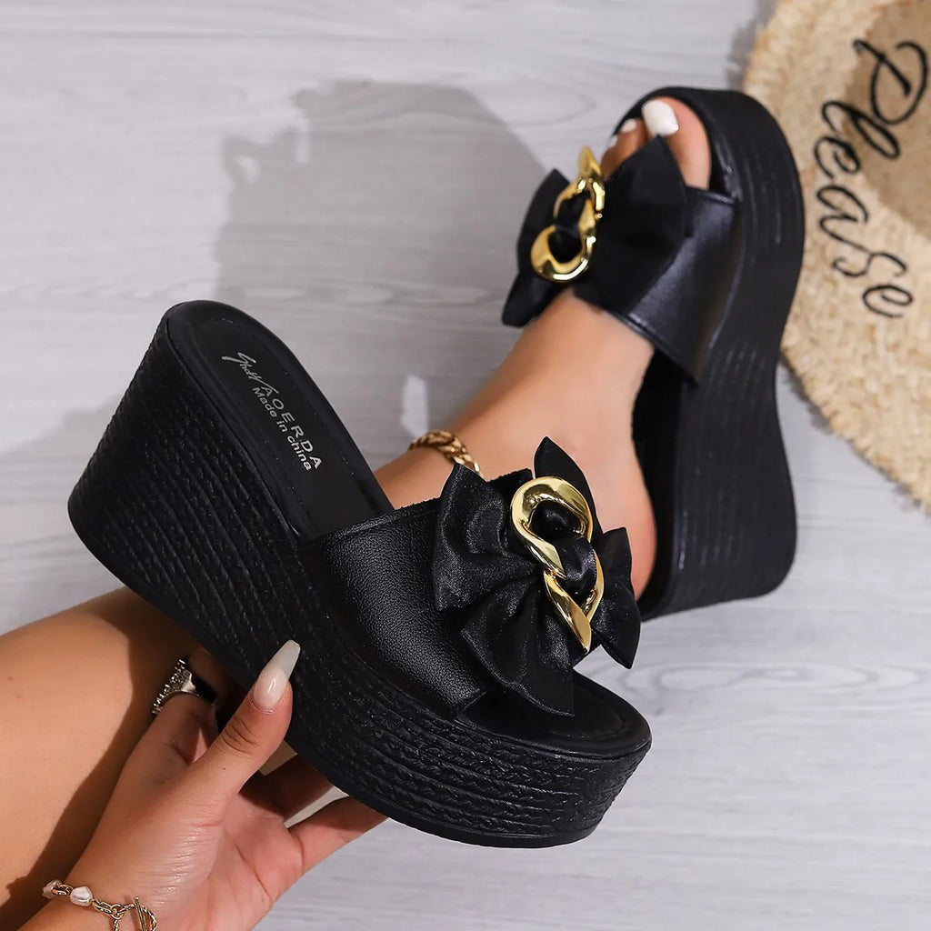 Women's Wedges Sandals Platform Slip-On High-Heeled Casual Shoes Black