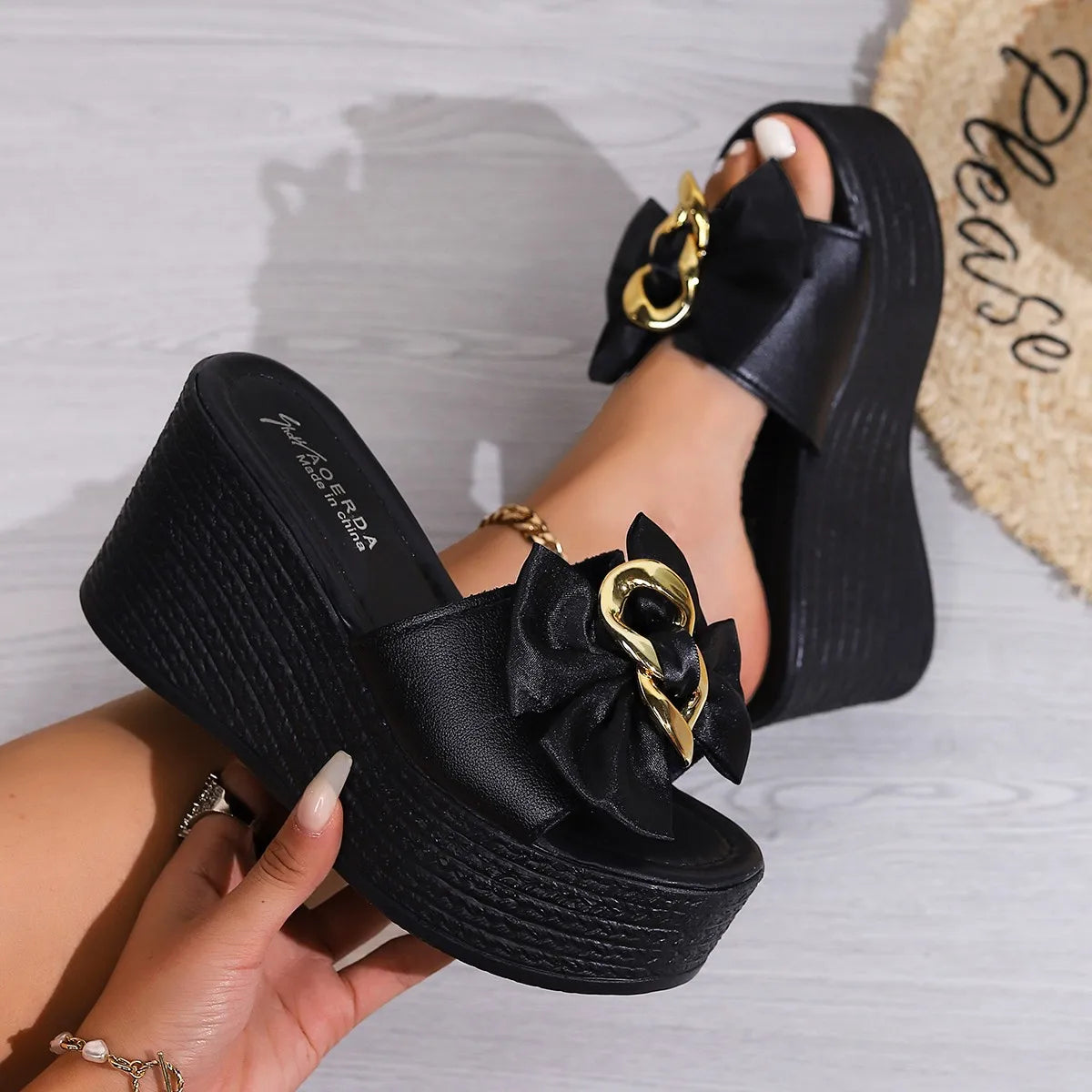 Women's Wedges Sandals Platform Slip-On High-Heeled Casual Shoes Black