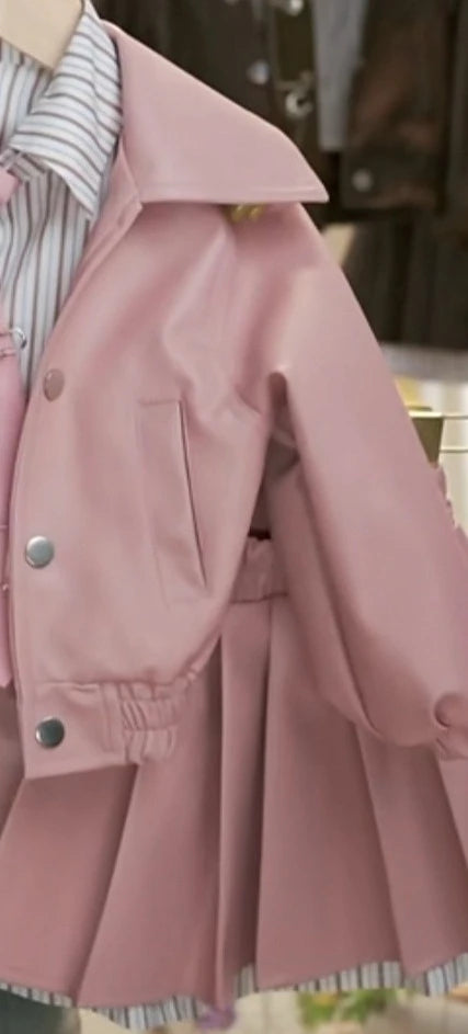 Girls' Leather Jacket Pleated Skirt Two-Piece Set