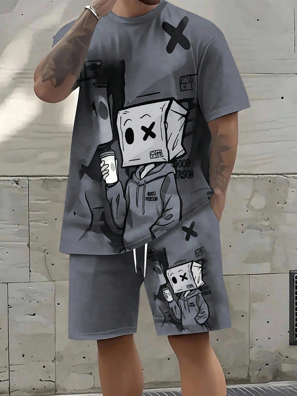 Men's Casual Graffiti Print T-Shirt and Shorts Two Piece Set