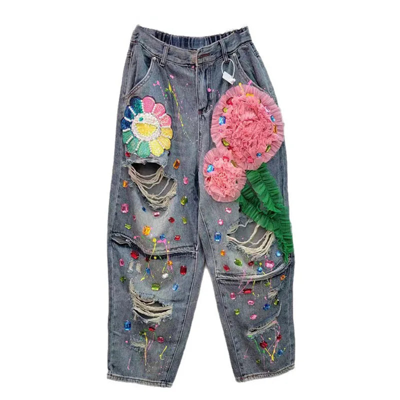 Women's 3D Flower Beaded Elastic High Waist Loose Jeans