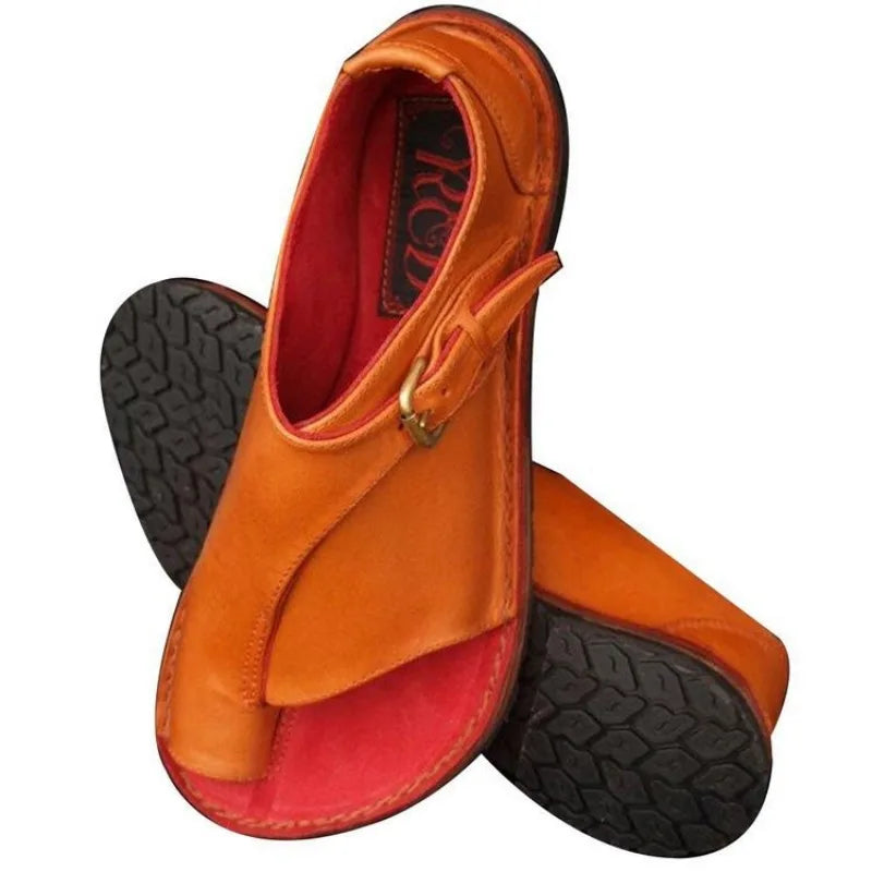 Women's Retro PU Leather Peep Toe Flat Sandals