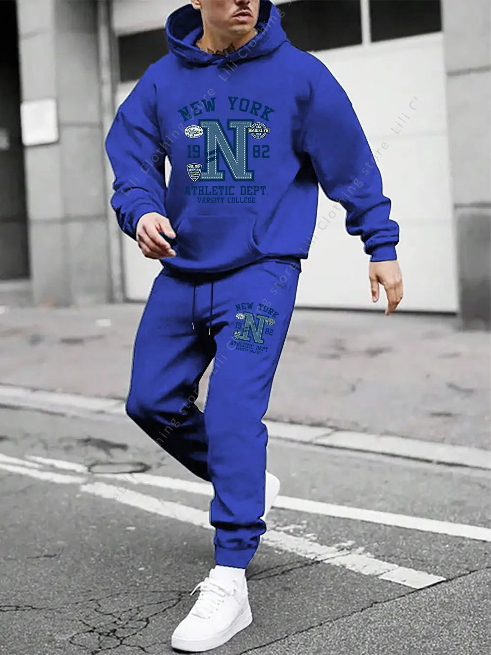 Men's Casual Gothic Letter Print Hoodie and Pants Two Piece Tracksuit Set