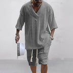 Men's V-Neck Short Sleeve Knitted T-Shirt and Shorts Casual Two-Piece Set