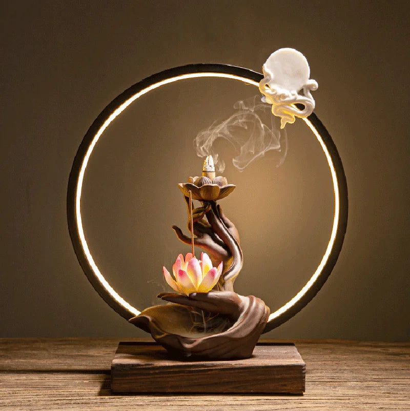 Buddha's Hand Lotus LED Backflow Incense Burner and Tabletop Ornament