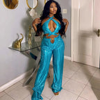 Women's Halter Bandage Crop Top Wide Leg Pants Set