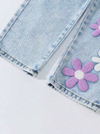 Girls' Floral Print Towel Stitch Elastic Waist Denim Jeans
