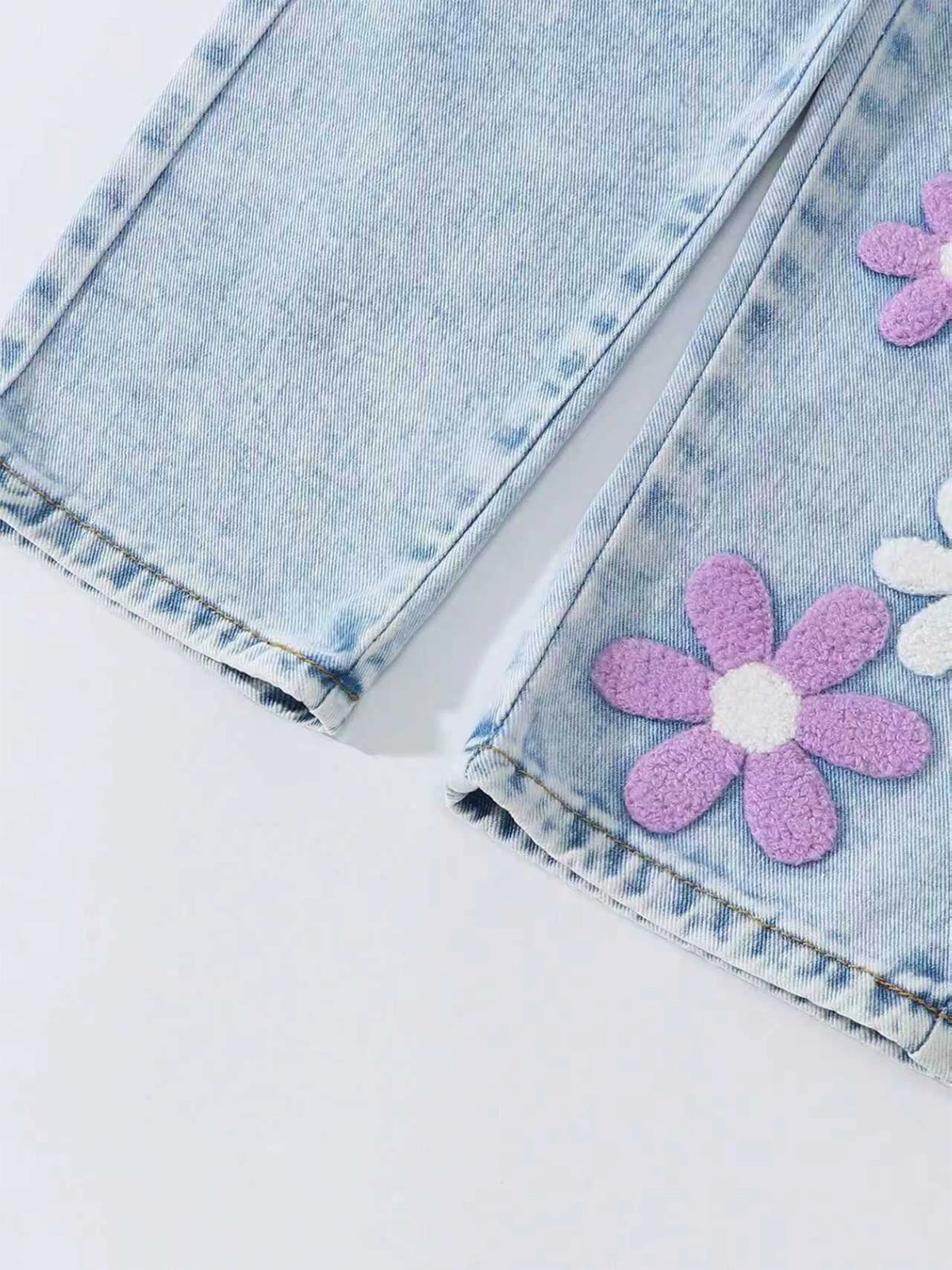 Girls' Floral Print Towel Stitch Elastic Waist Denim Jeans