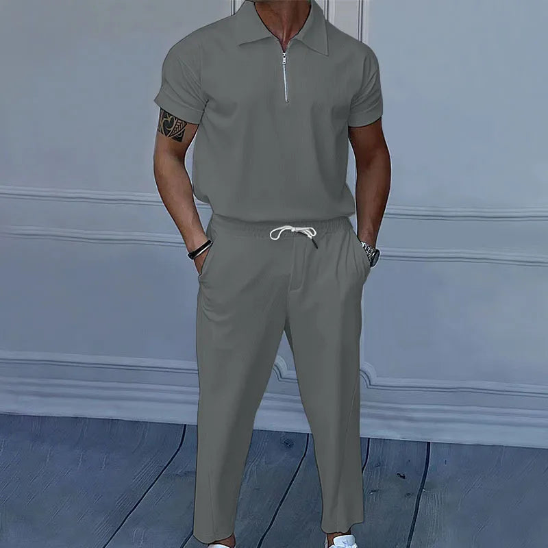 Men's Solid Color Lapel Short Sleeve Zipper Trouser Suit