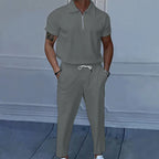Men's Solid Color Lapel Short Sleeve Zipper Trouser Suit