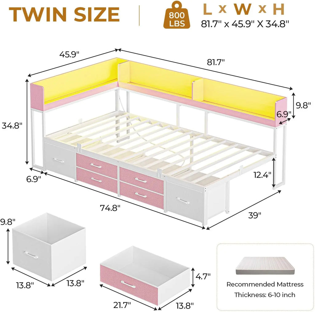 Twin Metal Corner Daybed Frame with Bookcase Storage and Drawers