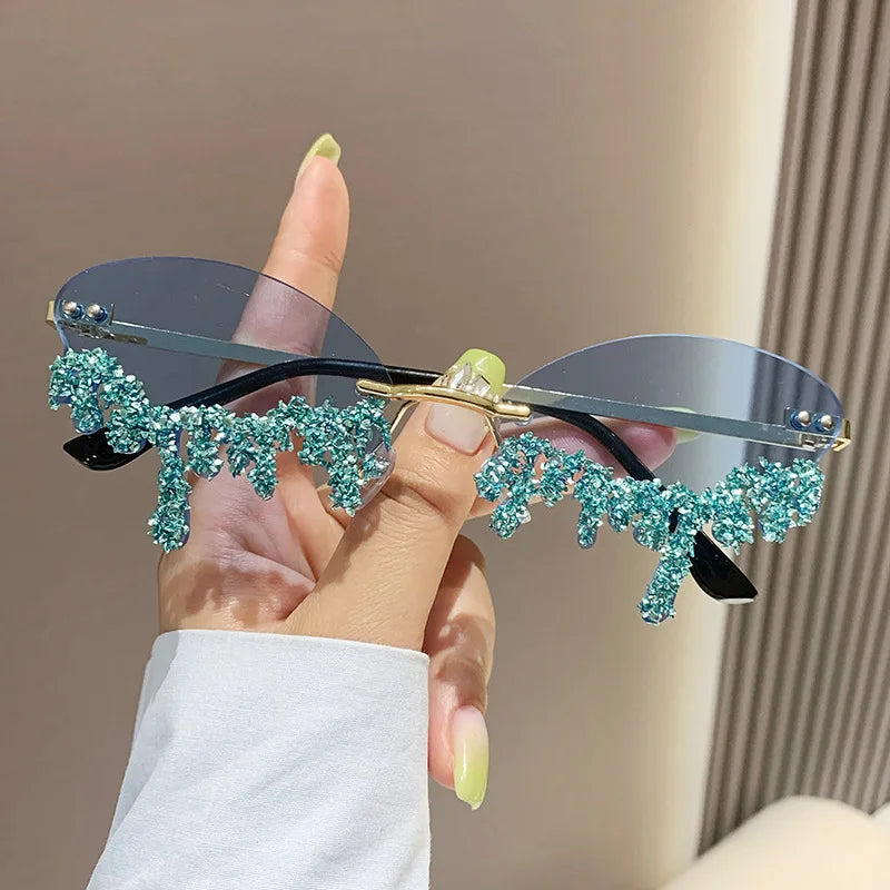 Rhinestone Rimless Sunglasses Women's Tear Drop Party Eyewear