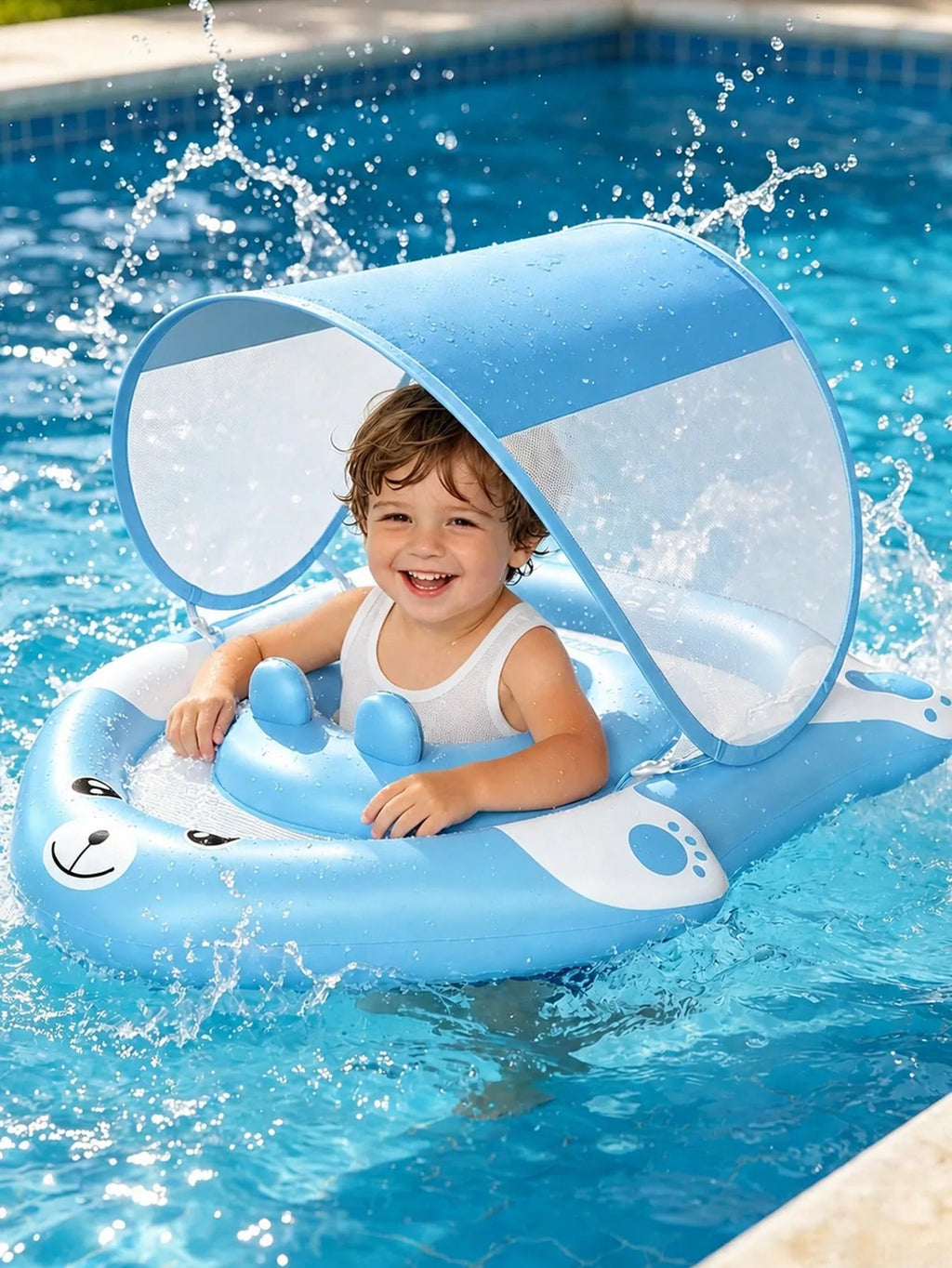 Kids Cartoon Bear UPF 50 Sun Canopy Baby Pool Float Ring Toy