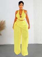 Women's Neck Wrap Fringe Top Straight Leg Pants Set