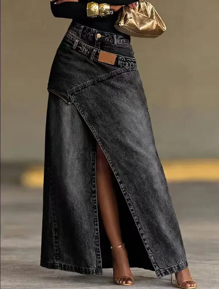 Women's Washed Denim Maxi Skirt High Waist Asymmetric Front Slit