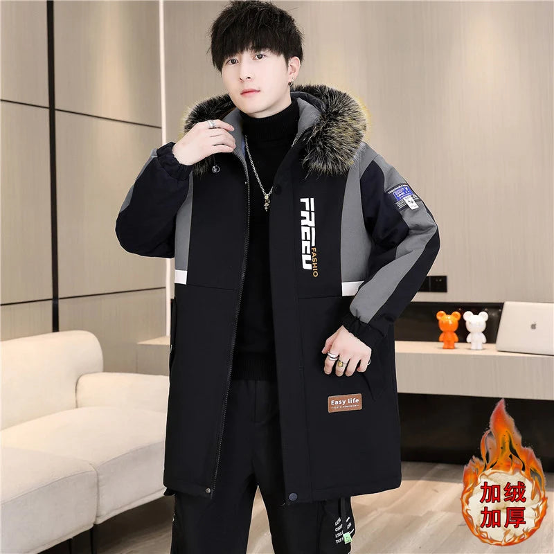 Men's Casual Hooded Fleece Winter Mid-Length Parka Jacket