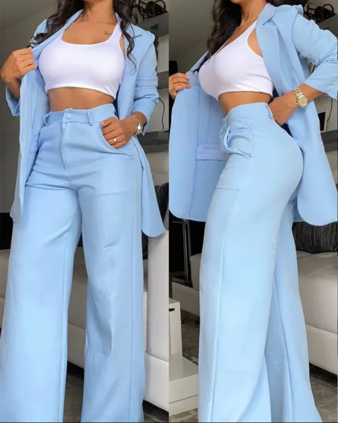 Women's Split Sleeve Blazer Straight Leg Pants Suit Set