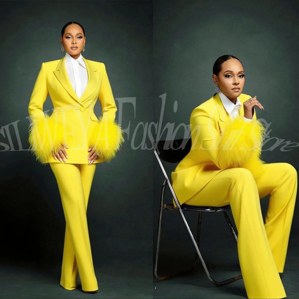Women's Feather Applique Single Breasted Blazer Pants Suit