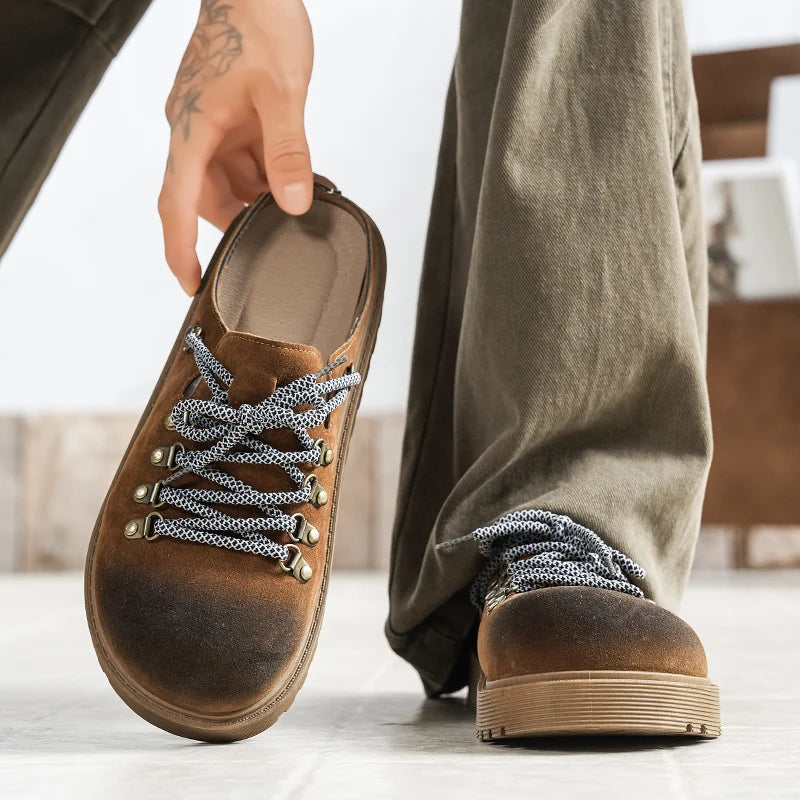 Men's Suede Closed Toe Lace-up Flat Loafer Slippers