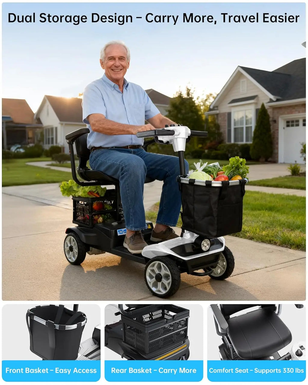 4 Wheel Folding Electric Mobility Scooter with Dual Baskets